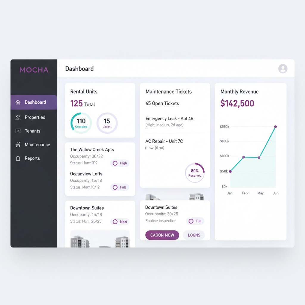 MOCHA Property Management operational dashboard showing property portfolio and maintenance tracking