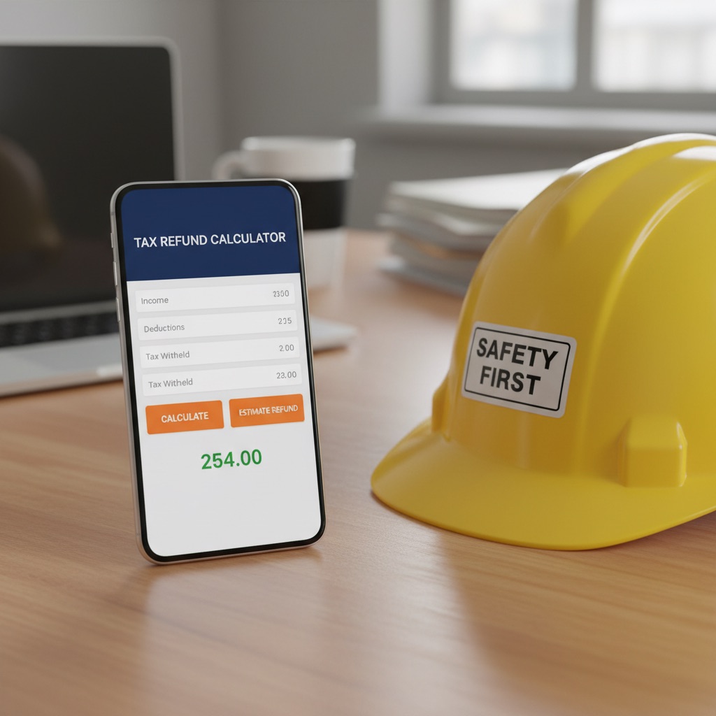 Tax Sorted mobile experience — CIS refund calculator on a smartphone alongside construction equipment